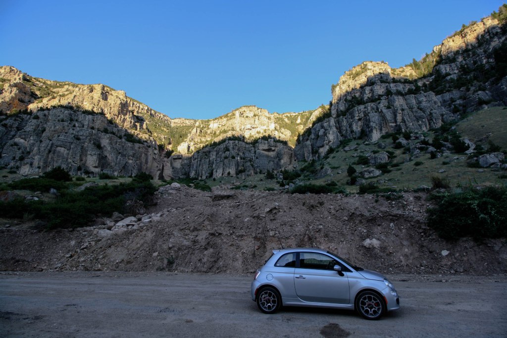 Fiat climbing mountains through Wyoming